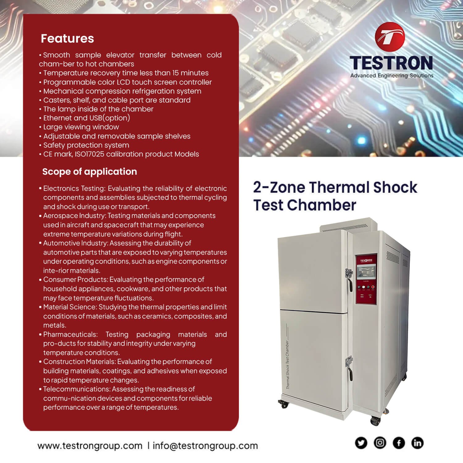 2-Zone Thermal Shock Test Chamber Testron 2-zone thermal shock test chamber in the USA for industrial thermal shock tester reliability testing