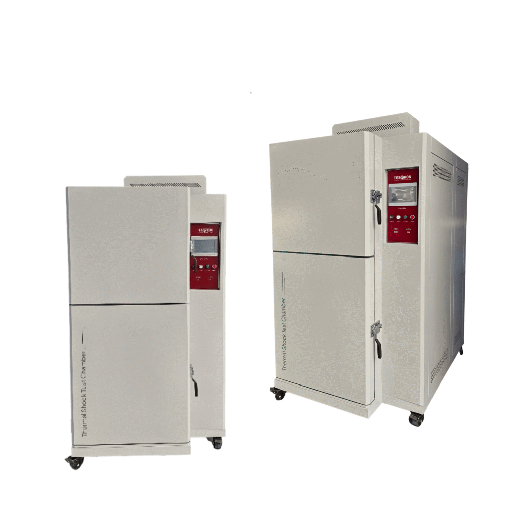 2-Zone Thermal Shock Test Chamber-USA High-performance thermal shock testing chamber showing the automated elevator basket system for rapid temperature transition.