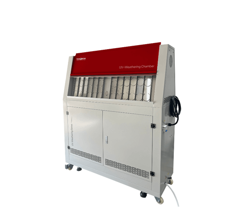 UV weathering test chamber in the USA simulating condensation and rain cycles.
