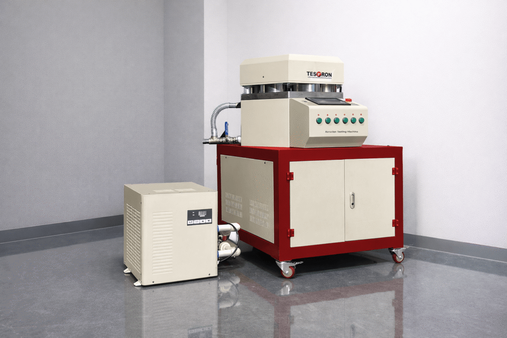 Industrial abrasion testing machine in the USA checking material durability.