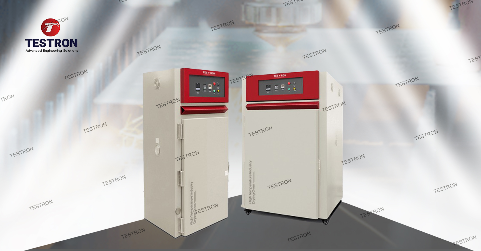 Close-up of a Testron Group high-precision industrial drying oven control panel displaying temperature settings.