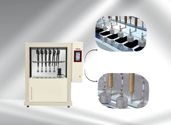 Digital interface of an Industrial elongation testing machine showing real-time tensile graphs and ASTM reporting