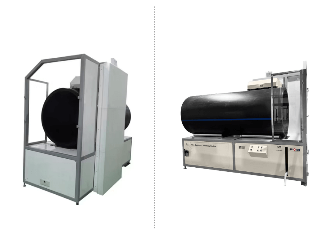 Comparison between manual tools and the TT-PCC1200 automatic pipe cutting machine showing superior edge quality and operator safety