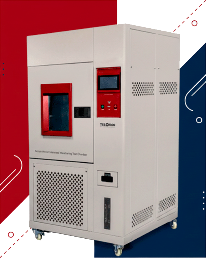 Industrial accelerated weathering device showing test specimens inside the chamber.