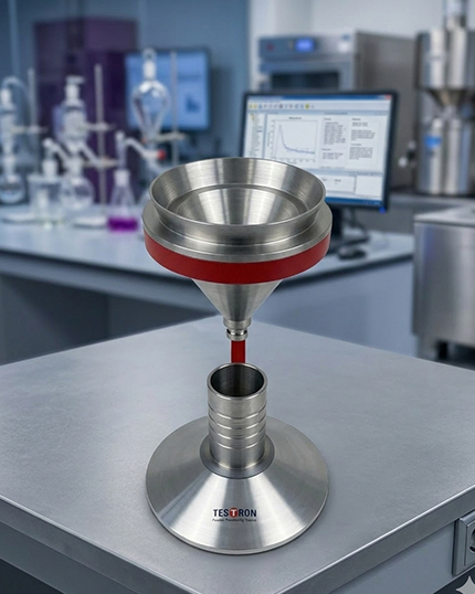 Schematic showing the internal flow and collection process of an industrial apparent density testing machine.