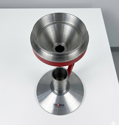 A stainless steel apparent density apparatus featuring a standardized funnel and cylindrical receiver.