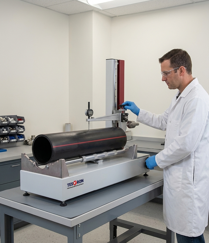 High-precision benchtop pipe wall thickness measuring device in the USA placed in a lab setting.