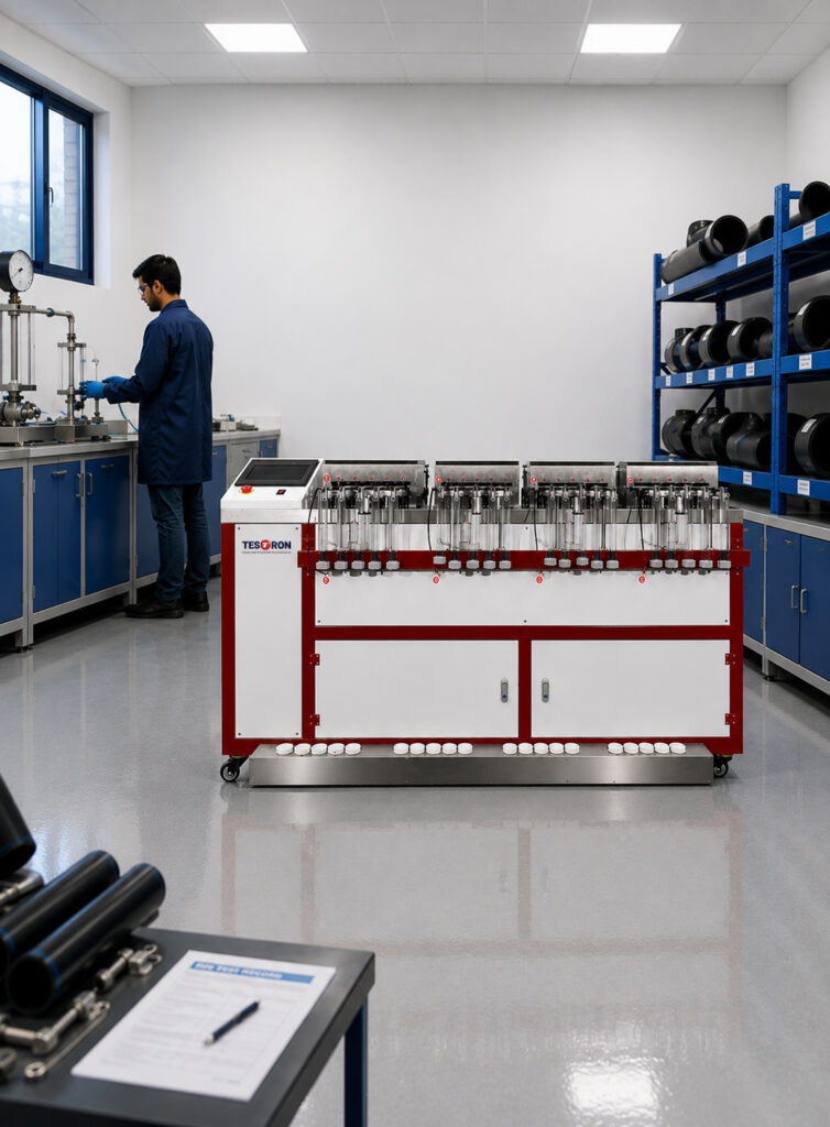 High-stress resin pipe samples placed inside TT-NCLS notched constant ligament stress equipment for quality assurance.