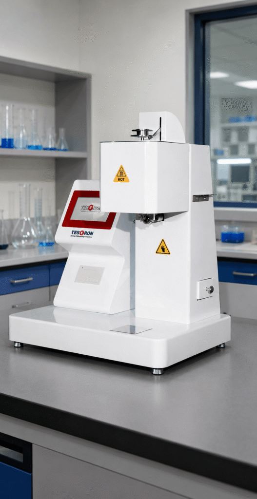 Advanced multi-weight automatic loader on a modern TT-MFI 450D melt flow index equipment unit.