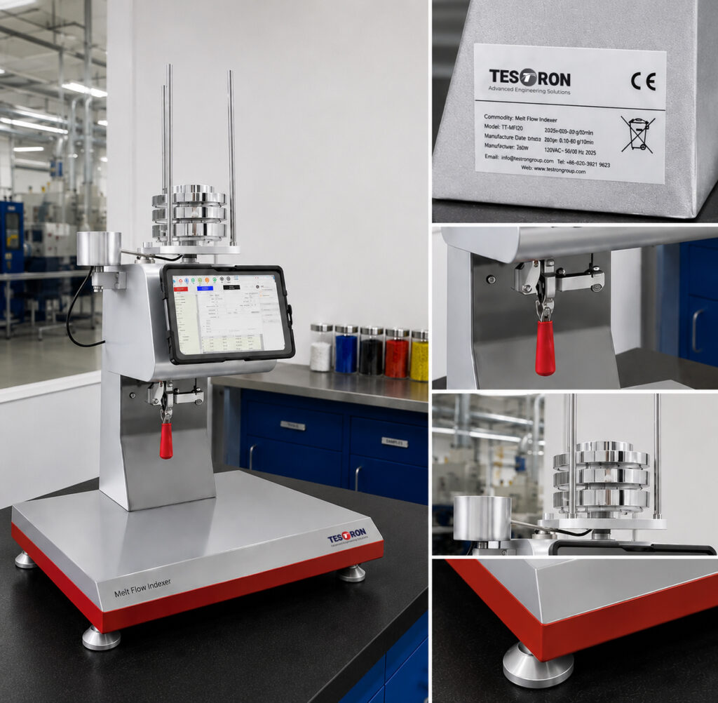 Digital control screen outlining parameters for melt flow indexer standards compliance like ASTM D1238.