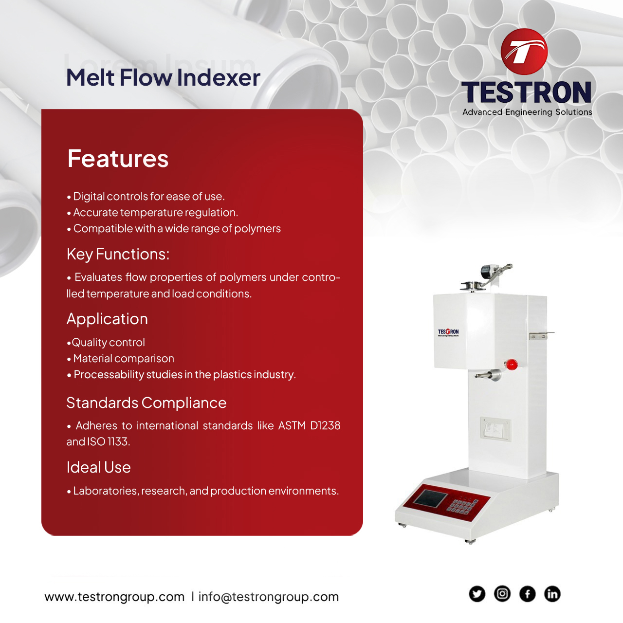 TT-MFI 450A Melt Flow Indexer - Testron Group USA TT-MFI 450A Melt Flow Indexer in the USA for Polymer Quality Control Testing