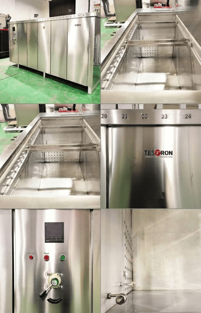 Front view of a high-capacity pipe pressure testing bath designed for industrial testing.