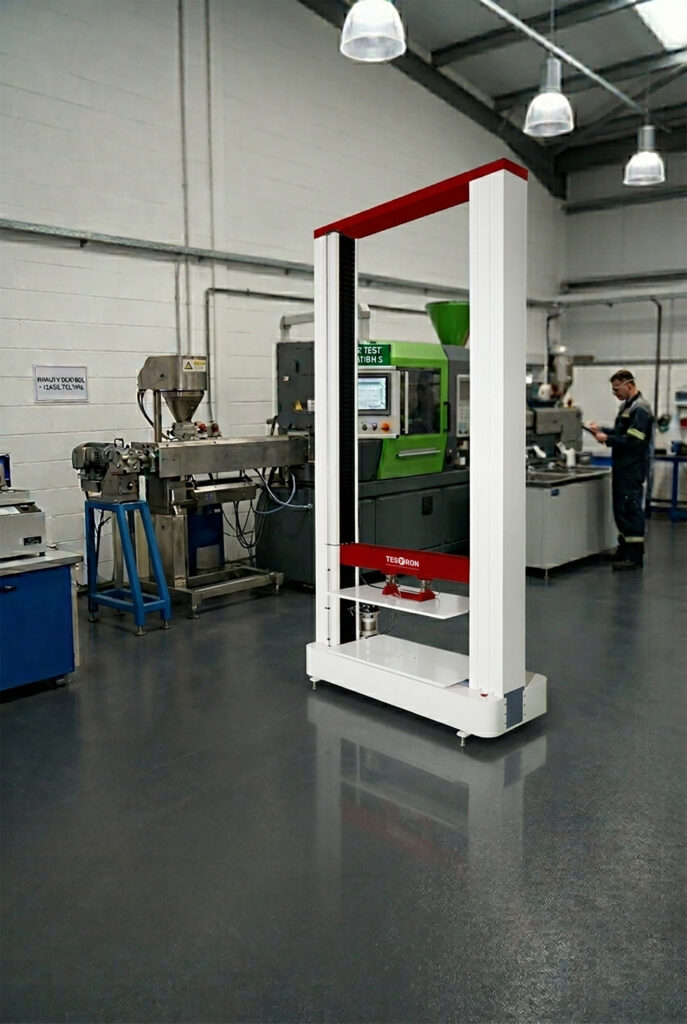 Heavy-duty thermoplastic pipe undergoing mechanical pressure analysis in a pipe ring stiffness testing machine.