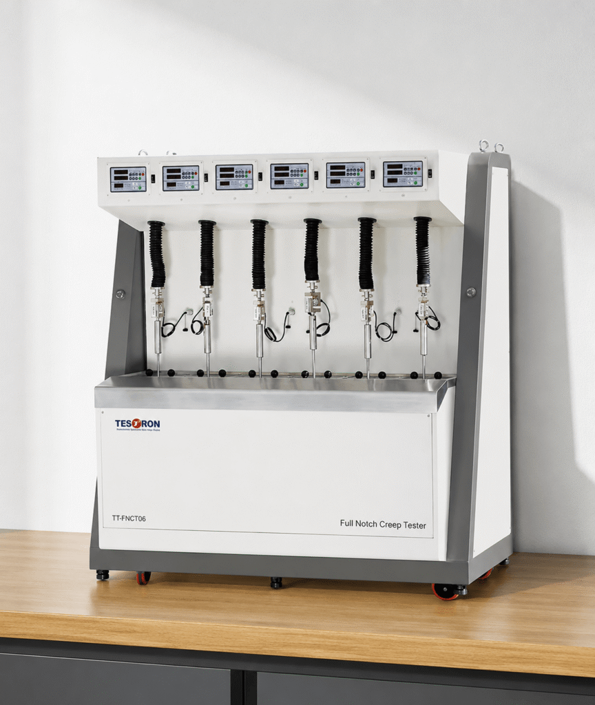 Modern laboratory bench with a multi-station full notch creep testing machine evaluating polymer samples.