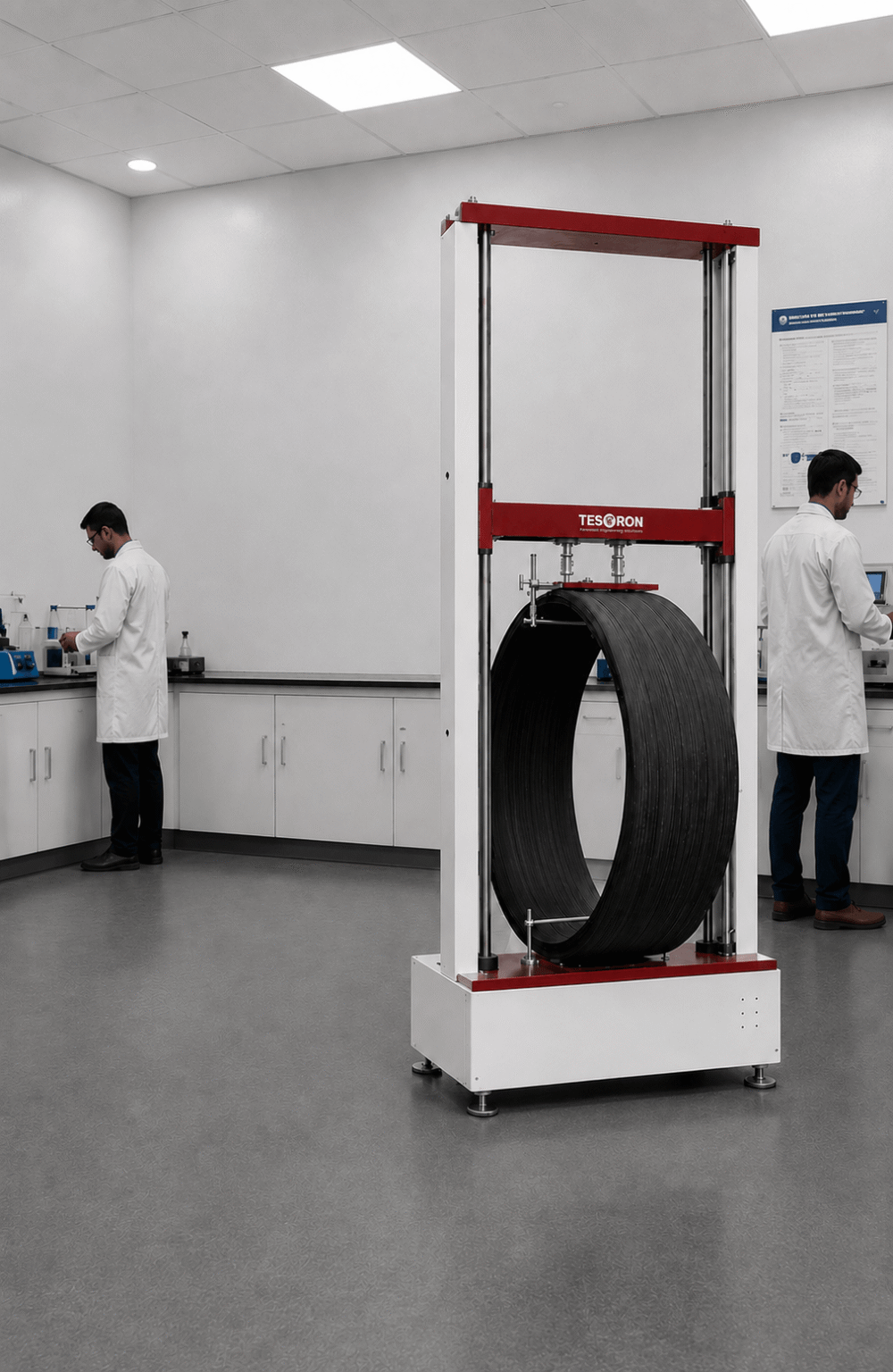 Technicians testing equipment at a global ring stiffness tester manufacturer facility.