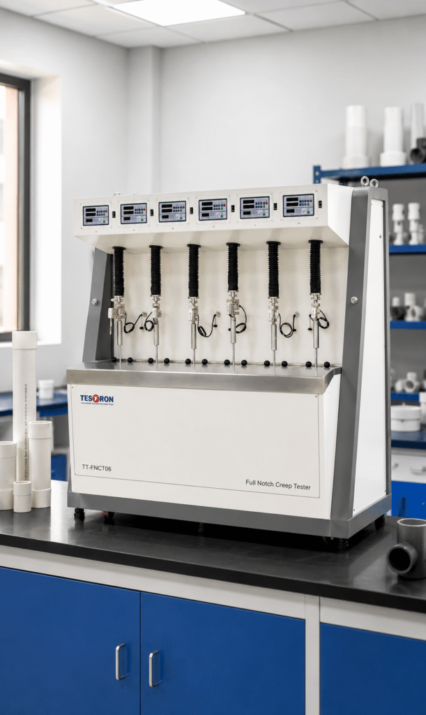 Precision-engineered loading stations on a high-accuracy full notch creep testing equipment unit.