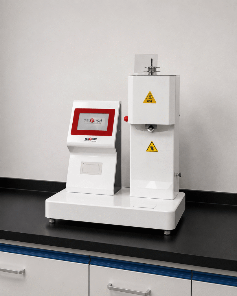Laboratory technician analyzing the melt flow index of polymers using an automated benchtop tester.