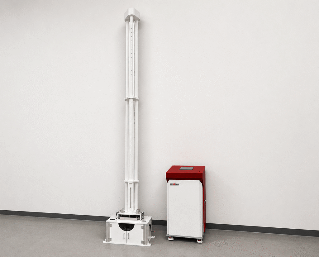 Close-up of the robust drop weight impact tester frame designed to absorb high-energy stress.