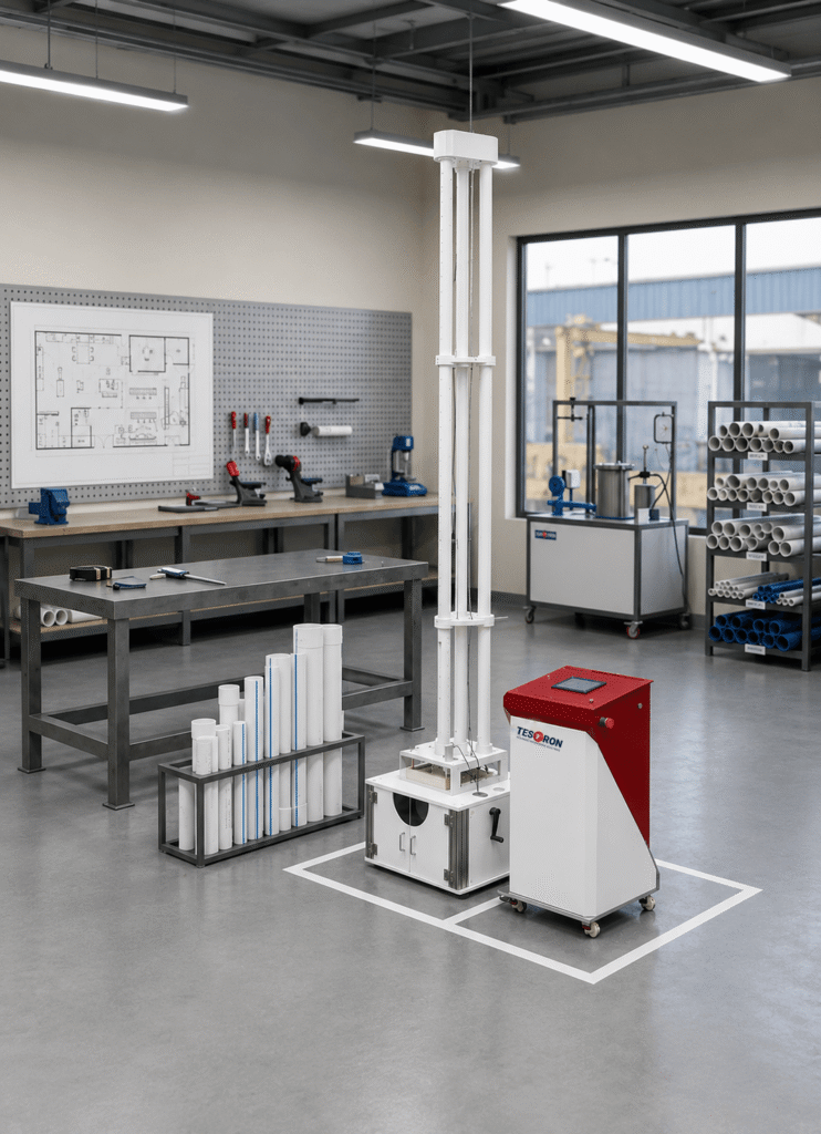 Side-by-side comparison of a specialized industrial rig versus basic structural drop weight impact testing machine components.