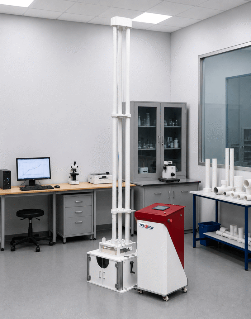 An industrial laboratory showing a modern drop weight impact testing machine ready for thermoplastic pipe analysis.