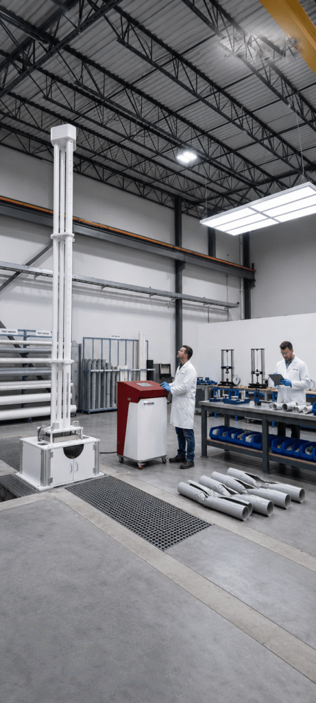 Technicians testing laboratory instruments inside the facility of a global falling weight impact tester manufacturer.