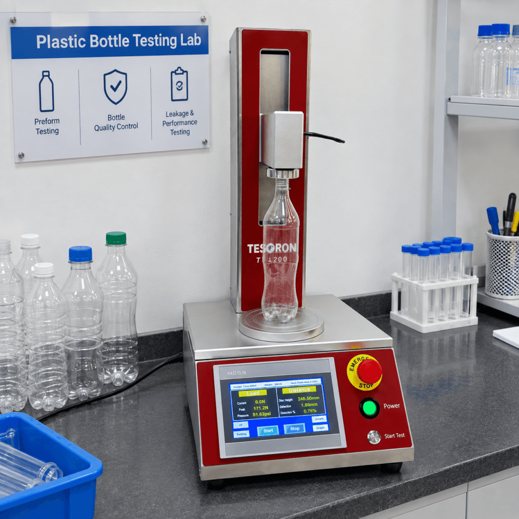 Quality control bench equipped with digital bottle top load testing equipment evaluating plastic bottles.