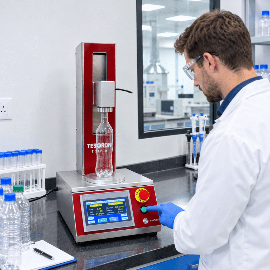 Plastic container undergoing vertical crush testing using a bottle top load testing device.