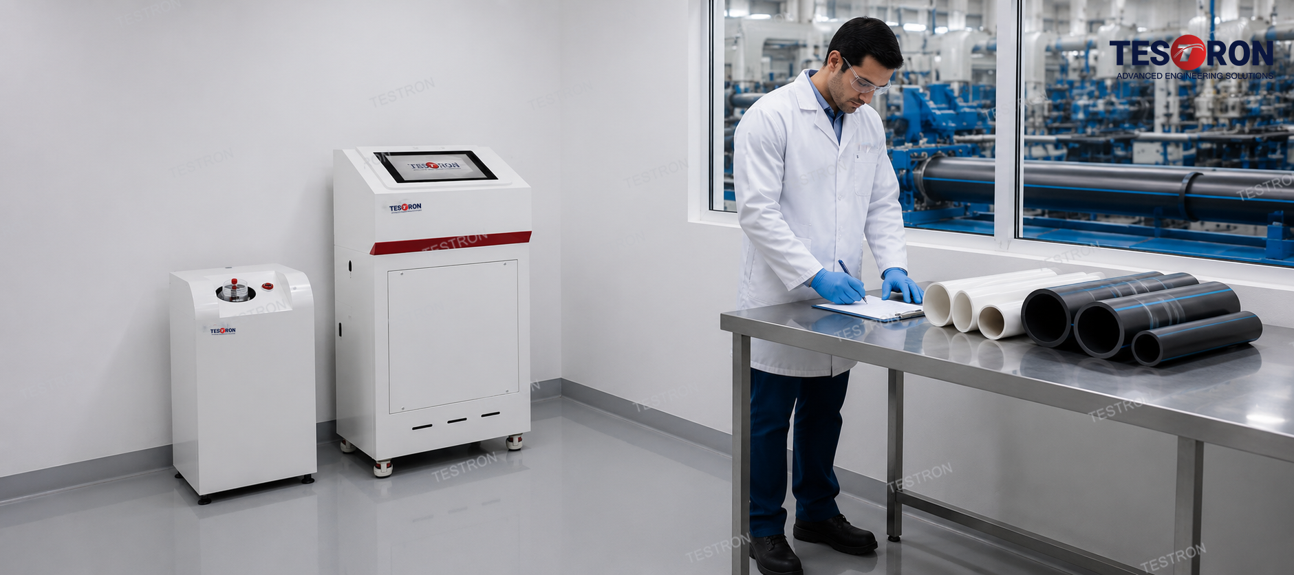 Industrial laboratory operators configuring a premium hydrostatic pressure tester in the USA for pipeline material validation