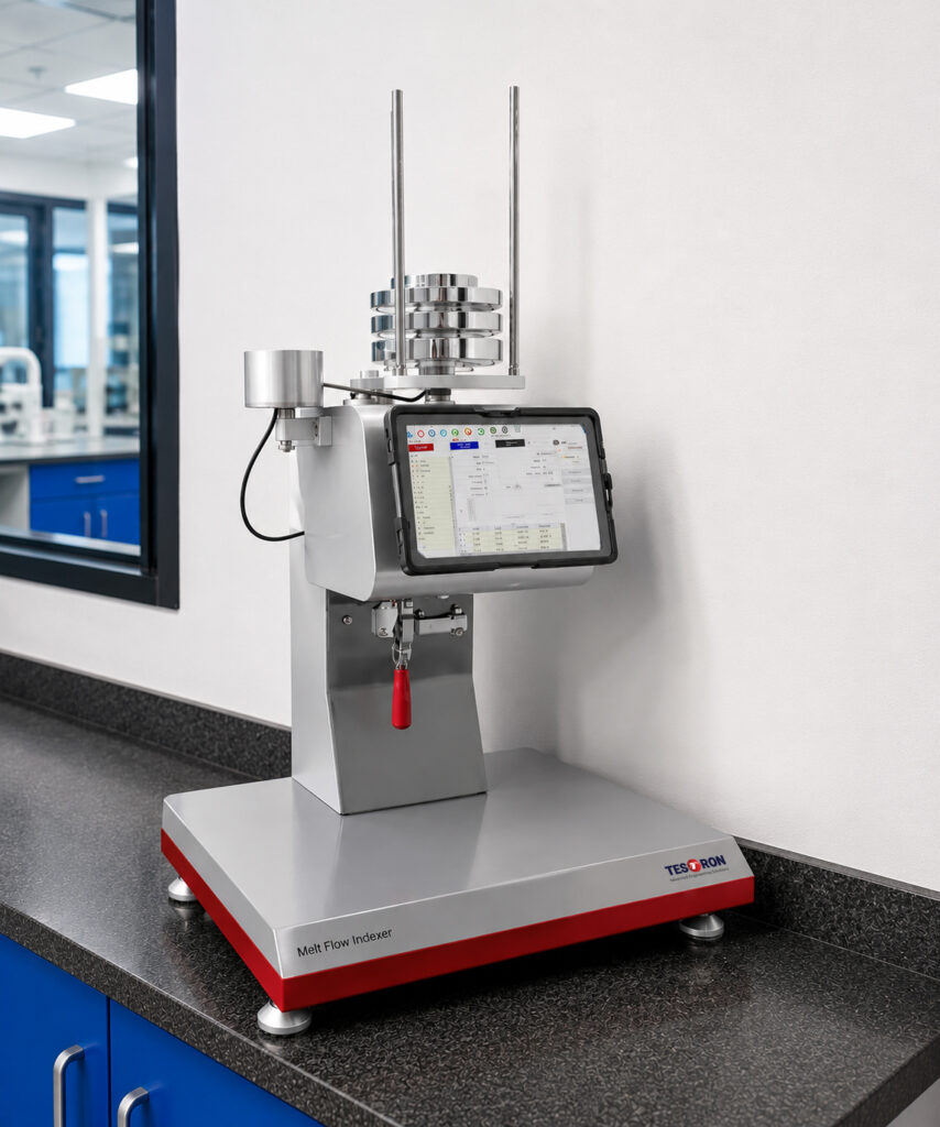 Modern quality control lab featuring an automated melt flow index tester evaluating plastic resin samples.
