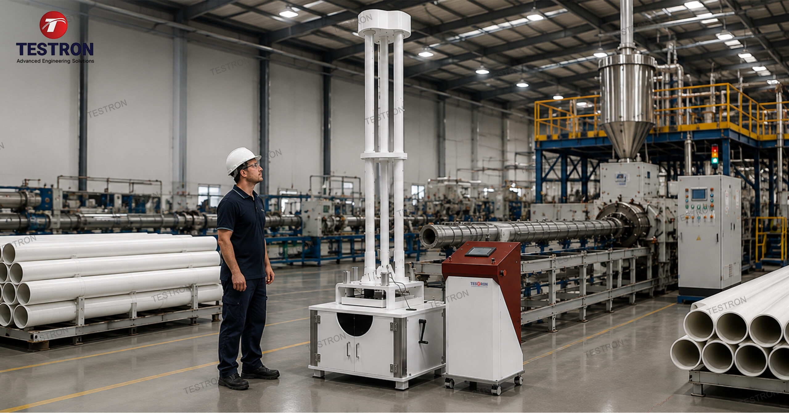 Falling weight impact tester in the USA used for testing thermoplastic pipes and materials