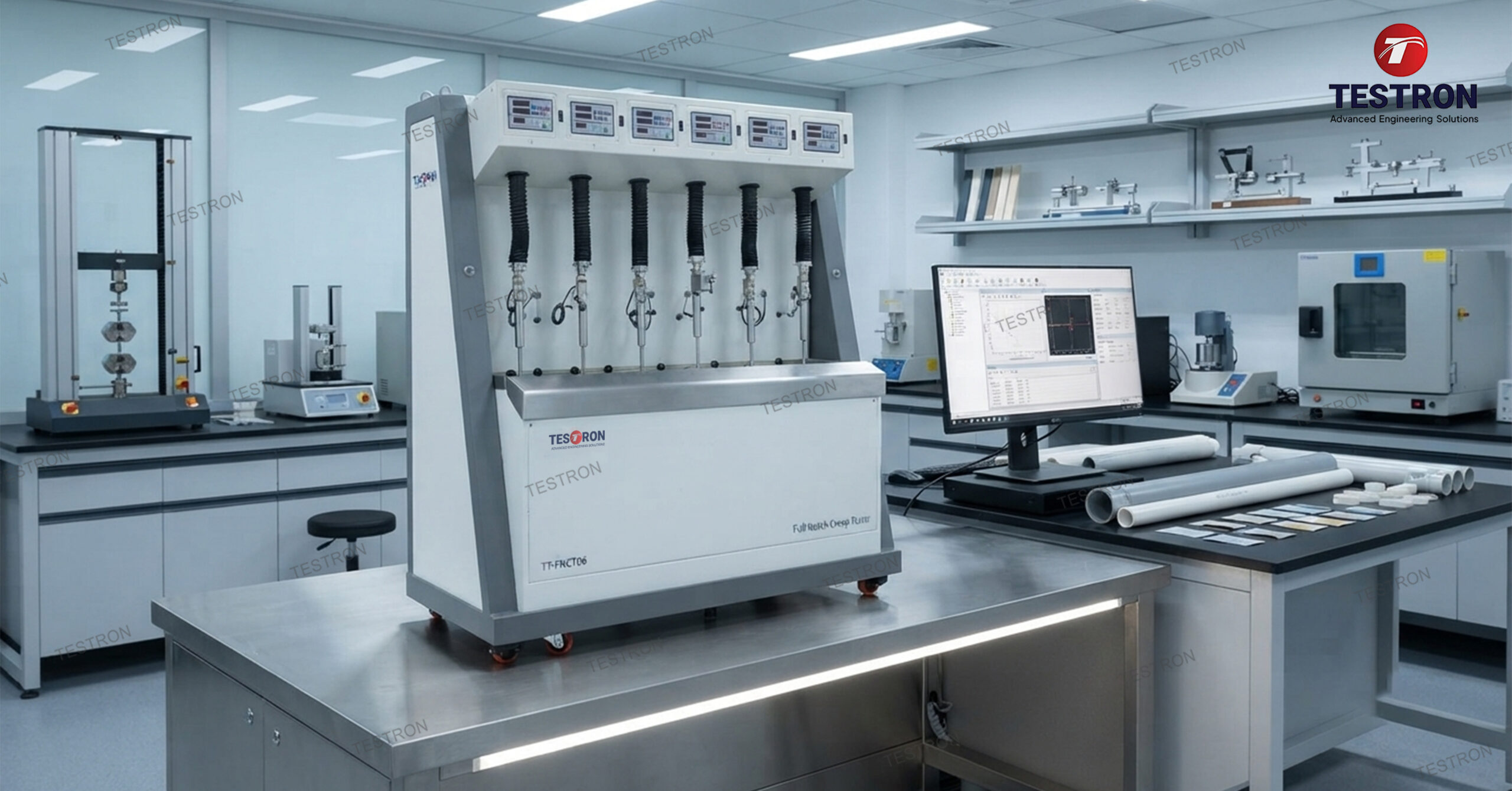 Full Notch Creep Tester in the USA testing polyethylene specimen under constant stress