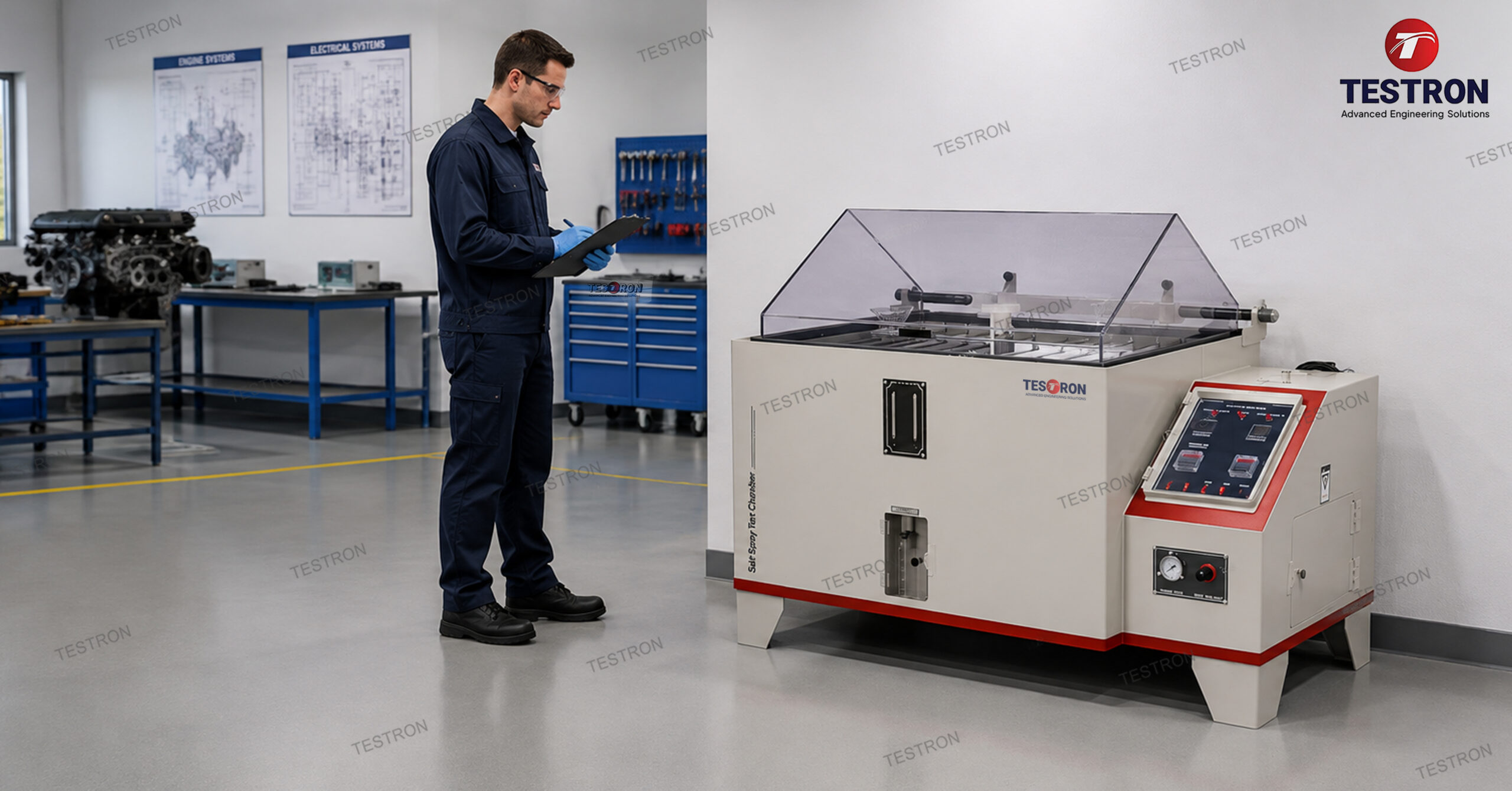 Salt spray corrosion test chamber in the USA performing corrosion testing on metal samples
