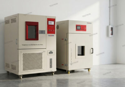 Temperature and humidity test chamber in the USA performing environmental testing on electronics