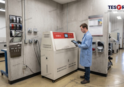 UV weathering test chamber in the USA evaluating surface properties of materials under ultraviolet light exposure