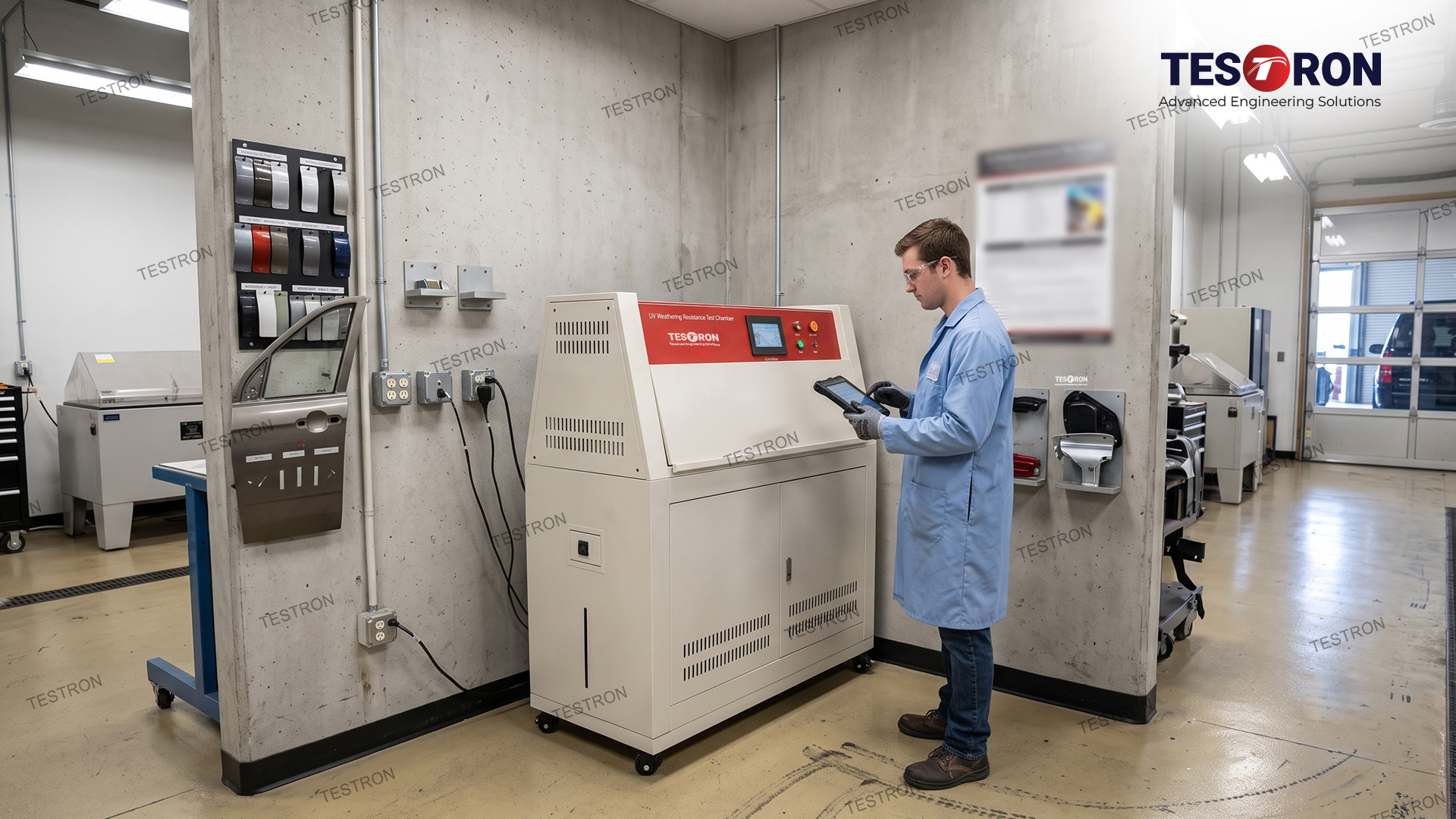 UV weathering test chamber in the USA evaluating surface properties of materials under ultraviolet light exposure
